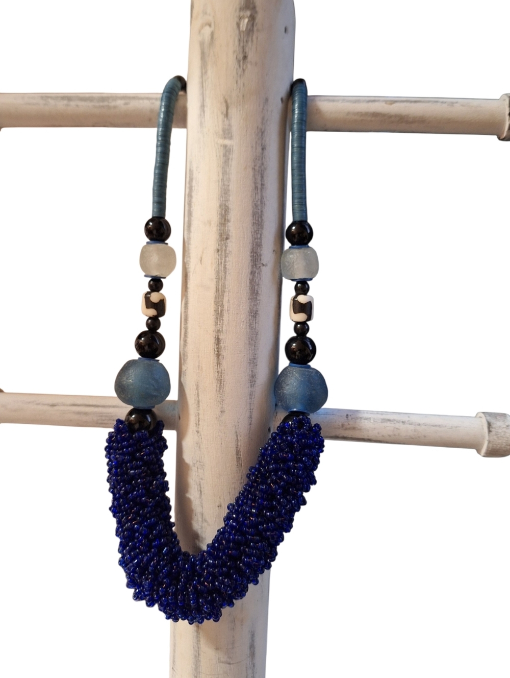 INDIGO BLUE & WHITE STATEMENT NECKLACE Glass BEADS CHOKER Length EDGY BOLD
